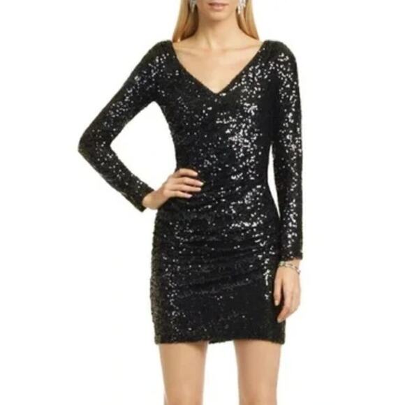 Badgley Mischka Collection Dress Sequin Long Sleeve Sheath Knee Length Black XS - Picture 1 of 11